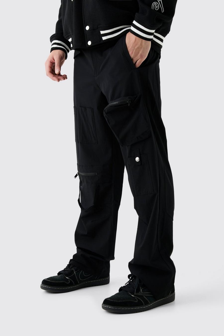 Pantalón cargo holgado con multibolsillos y cintura fija, Black