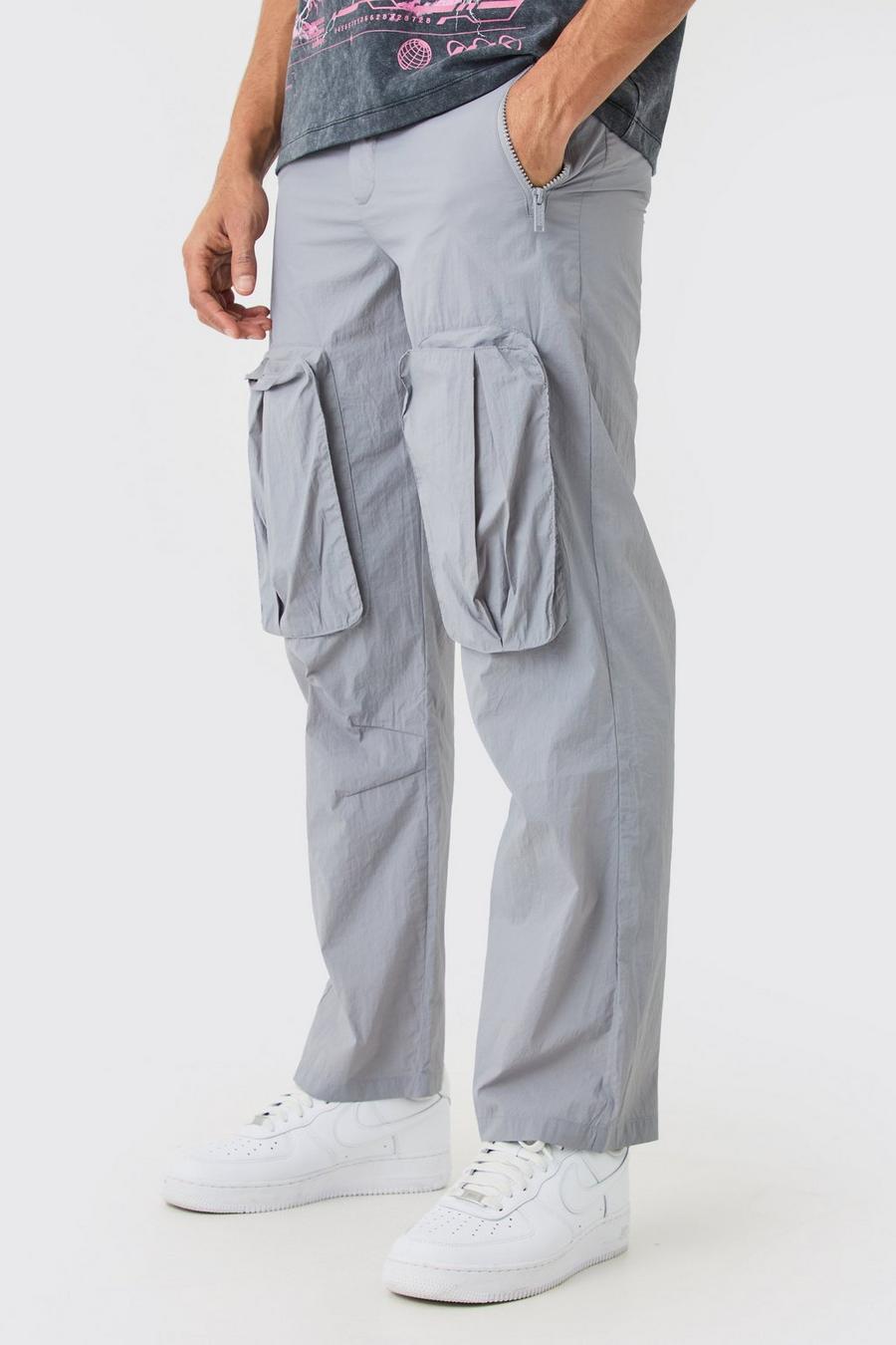 Pantalón cargo holgado de nailon fruncido con cintura fija, Light grey image number 1