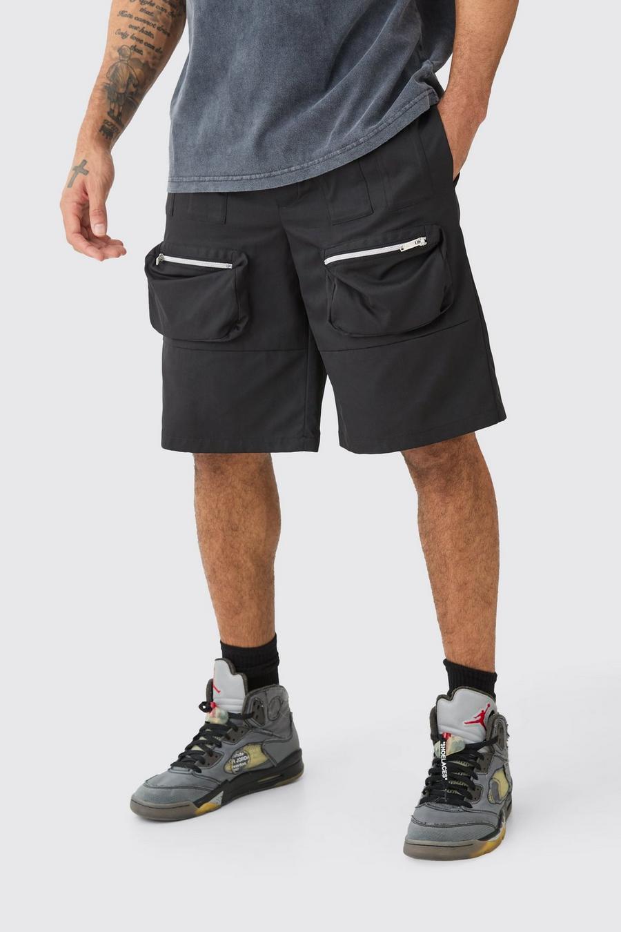 Black Elasticated Waist Nylon Cargo Shorts
