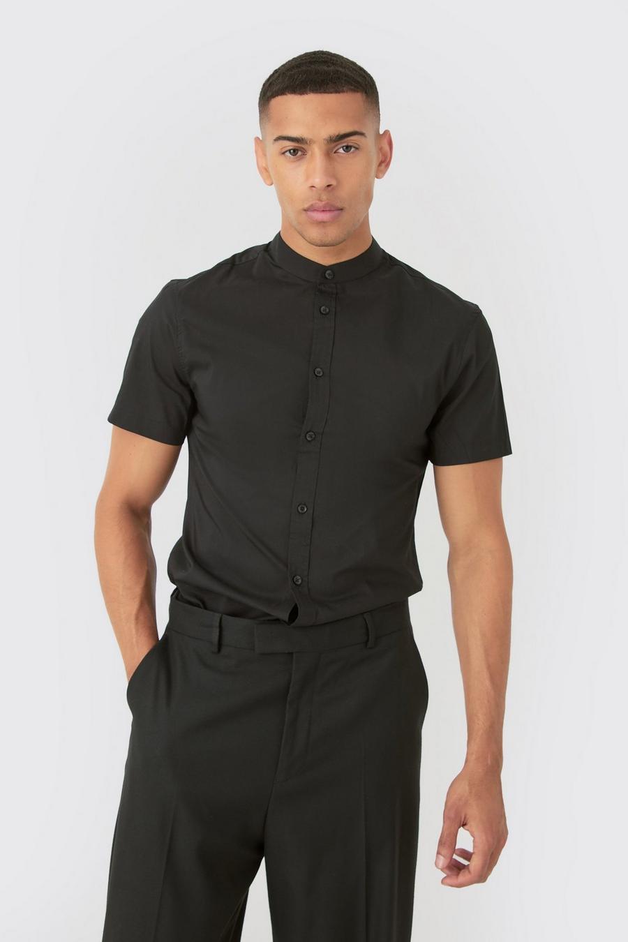 Black Short Sleeve Grandad Collar Slim Fit Shirt image number 1