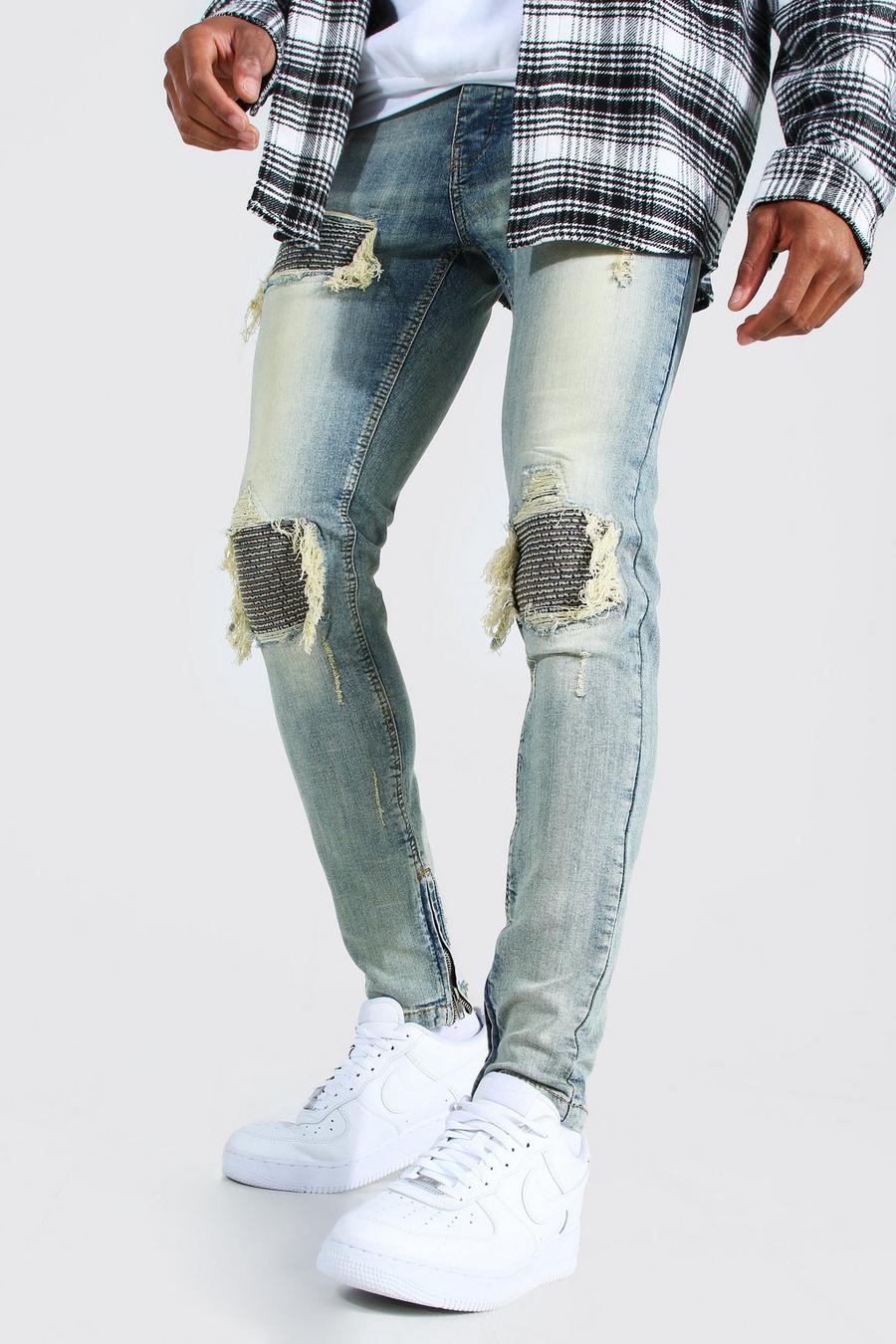 Jeans da Biker Skinny Fit Stretch da uomo con strappi & rattoppi, Antique blue image number 1