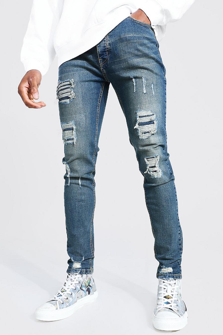 Jeans da uomo Skinny Fit Stretch con strappi & rattoppi, Antique blue