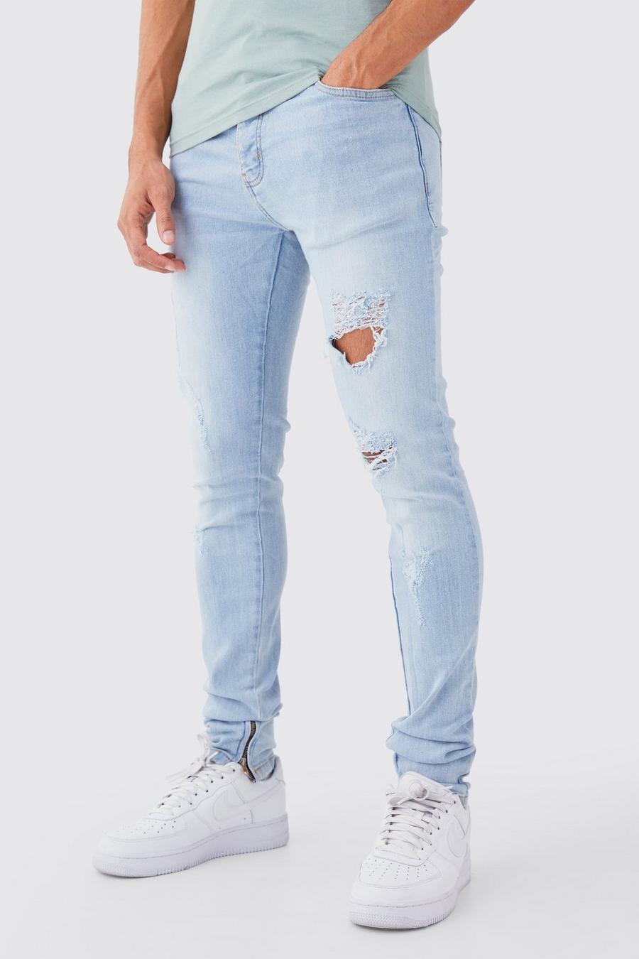 Ice blue Mens Skinny Stretch Stacked All Over Slash Jeans image number 1