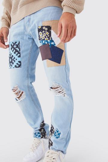 Blue Relaxed Fit Mix Print Patchwork Jeans