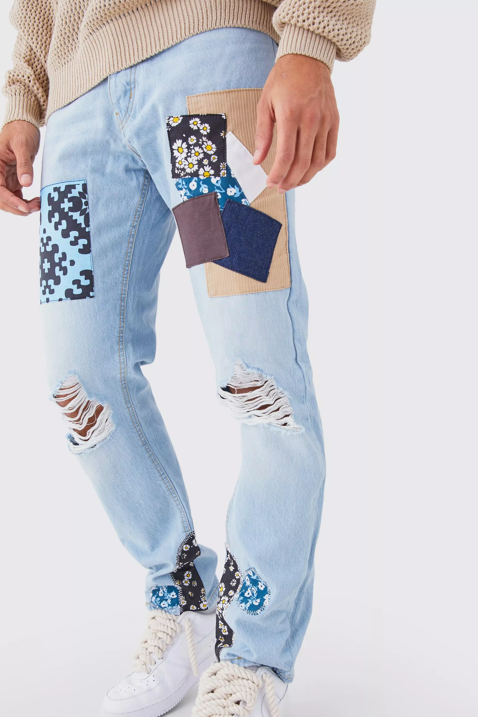 Ice blue Relaxed Fit Mix Print Patchwork Jeans alternative image
