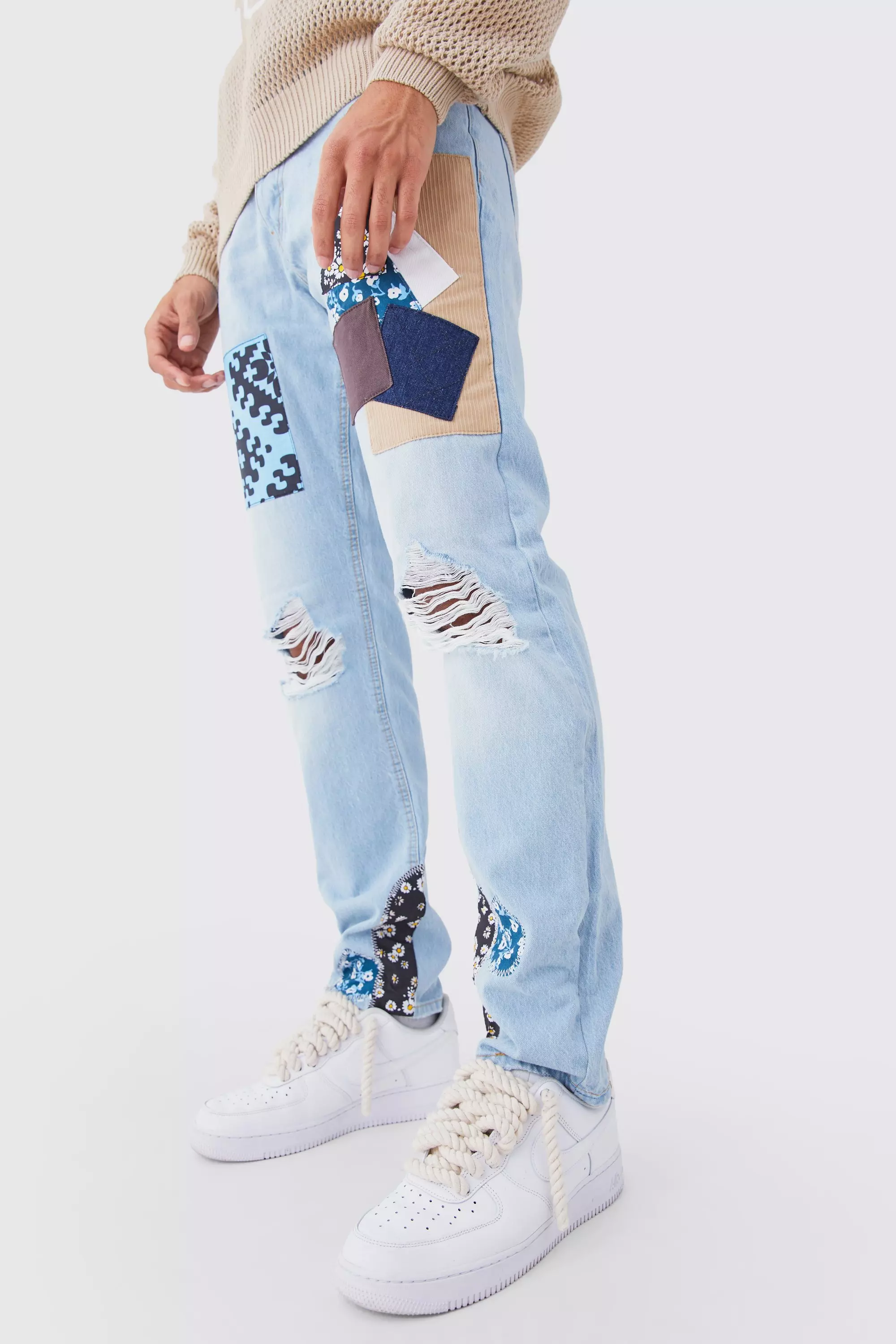 Ice blue Relaxed Fit Mix Print Patchwork Jeans alternative image