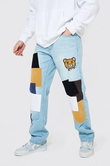 Blue Relaxed Fit Teddy Patchwork Jeans