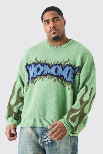 Green Plus Oversized Knitted Homme Drop Shoulder Jumper In Green