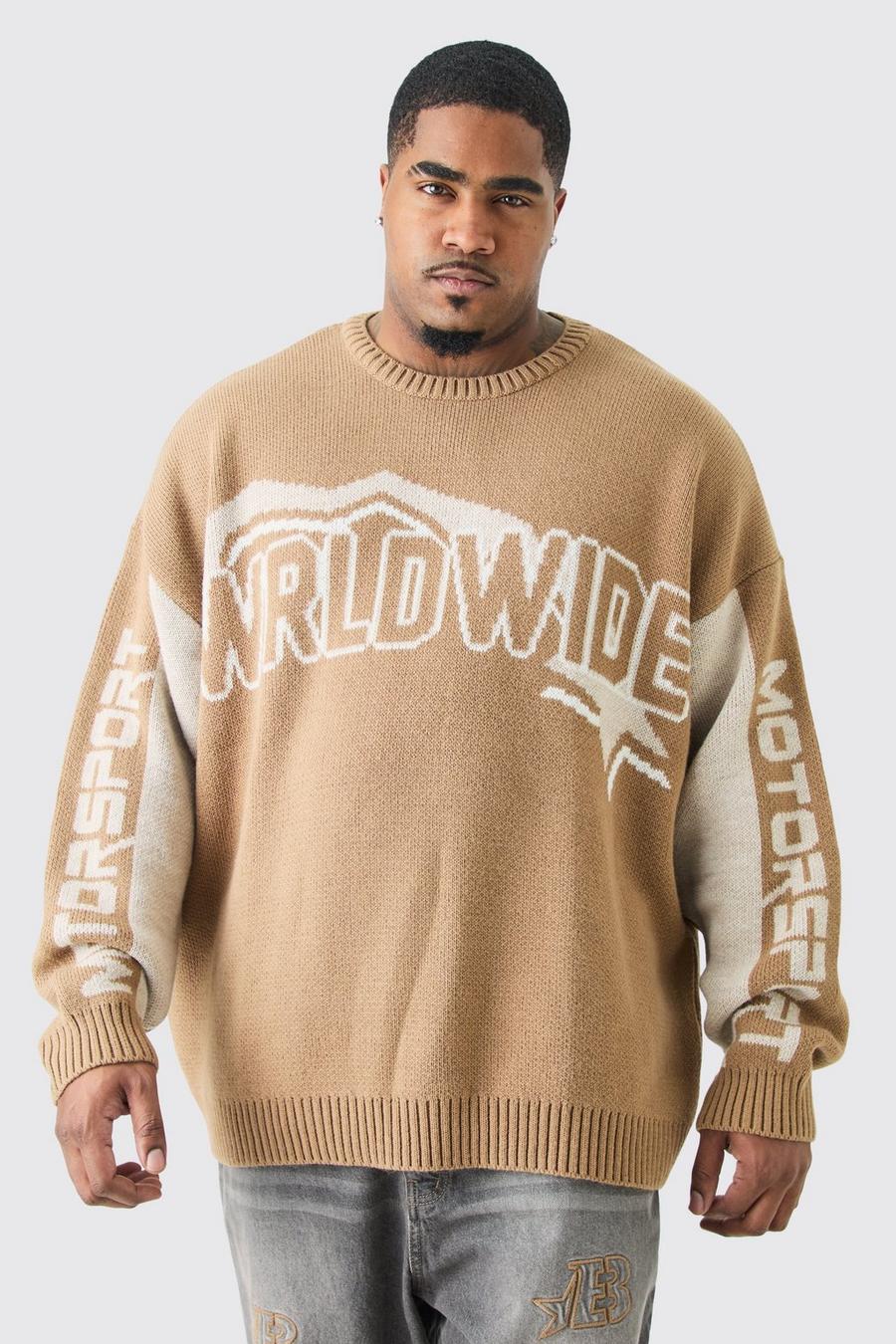Plus Oversize Worldwide Strick-Pullover in Taupe image number 1