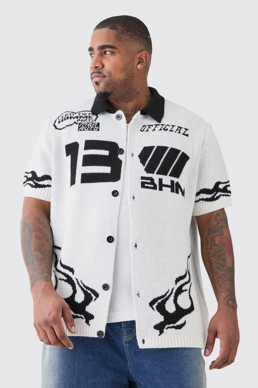 Camisa Plus de punto con estampado de motociclismo en blanco, White image number 1
