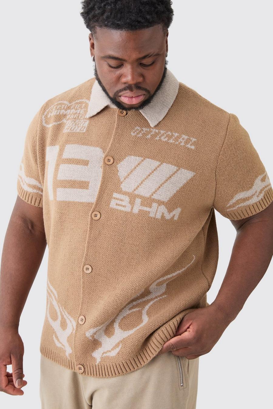 Plus Knitted Moto Shirt In Taupe image number 1