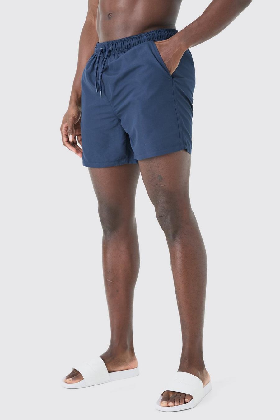 Navy Plain Mid Length Swim Short