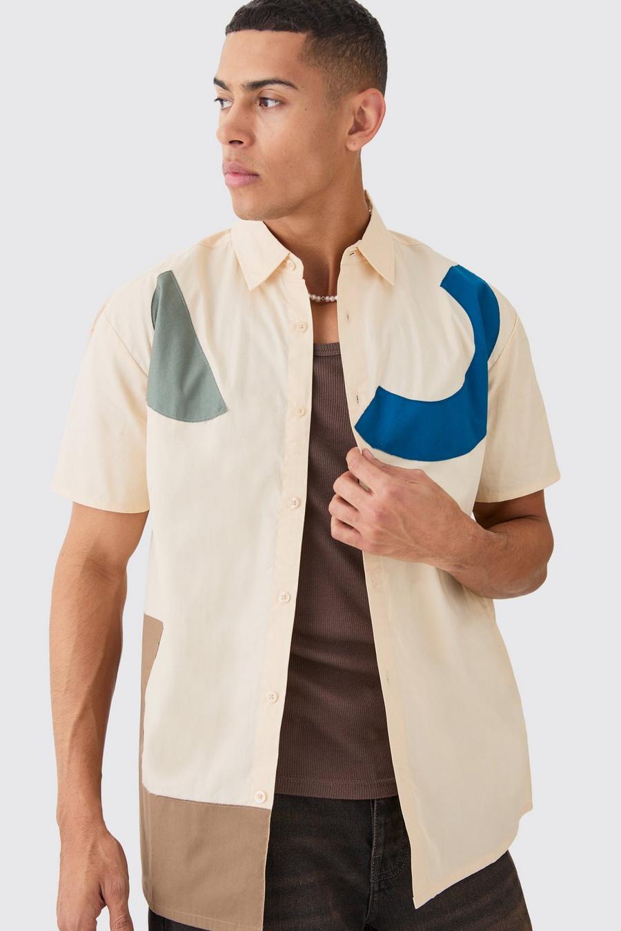 Ecru Short Sleeve Oversized Poplin Shapes Applique Shirt image number 1