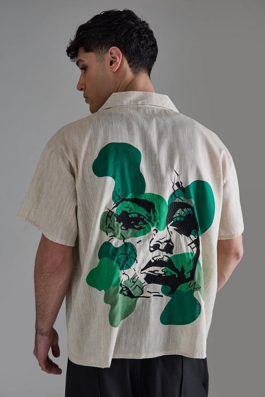 Camisa recta de lino con bordado en la espalda, Natural image number 1
