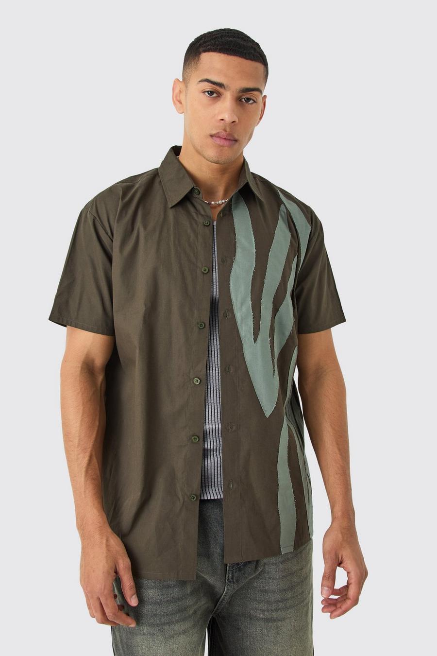 Olive Short Sleeve Oversized Poplin Stripe Applique Shirt