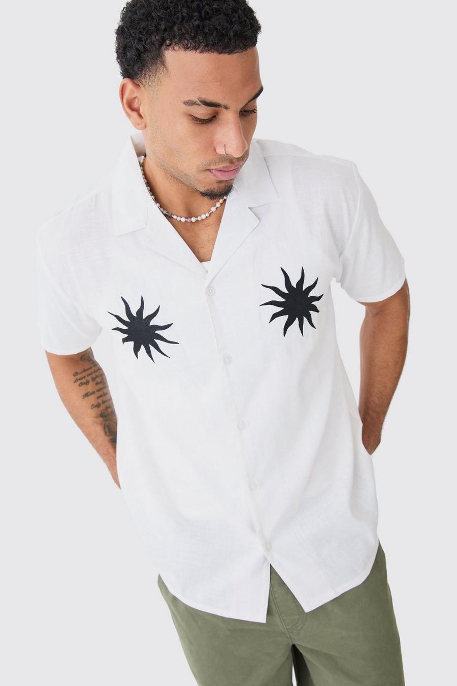 Camisa oversize efecto lino con bordado de sol, White