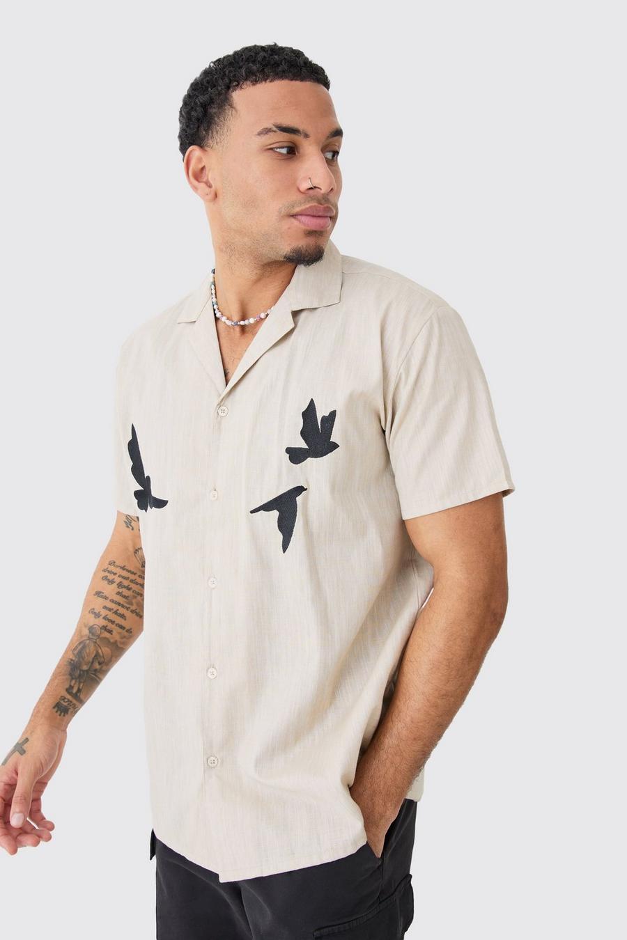 Oversize Leinen-Hemd mit Tauben-Stickerei, Natural