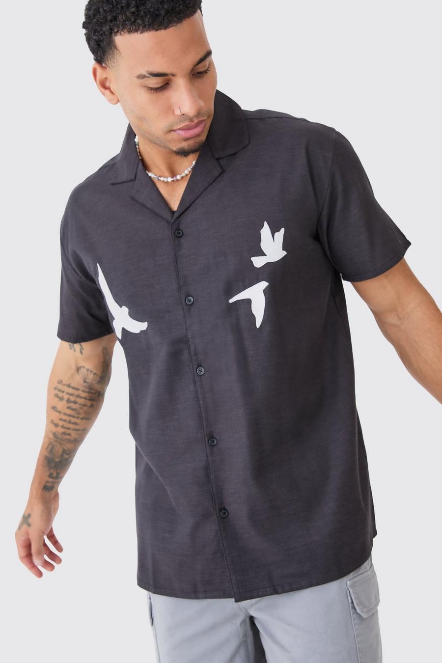 Oversize Leinen-Hemd mit Tauben-Stickerei, Black
