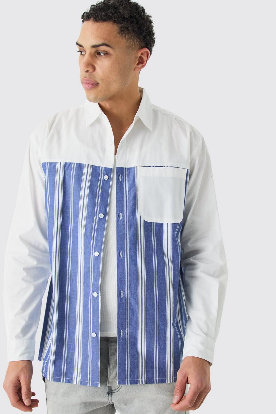 Blue Oversize långärmad randig skjorta med paneler image number 1