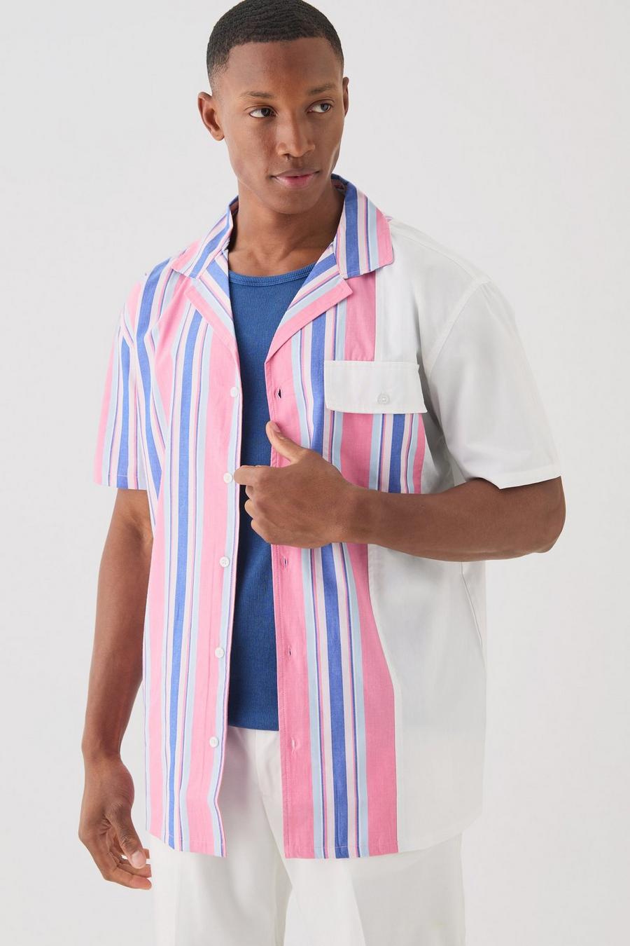 Pink Short Sleeve Spliced Stripe Shirt image number 1