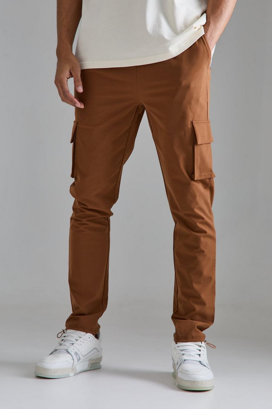 Chocolate Elasticated Waist Skinny Stretch Cargo Trousers image number 1
