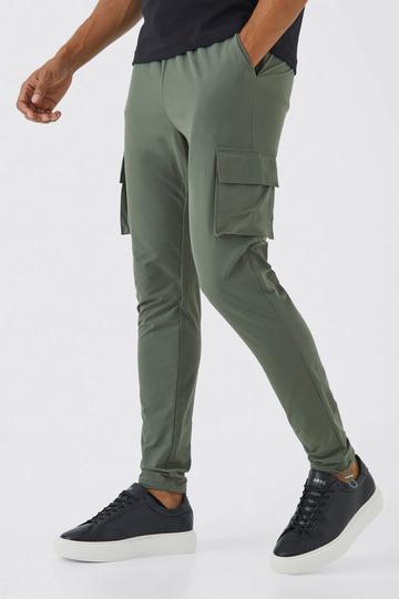 Khaki Elasticated Waist Technical Stretch Skinny Cargo Pants