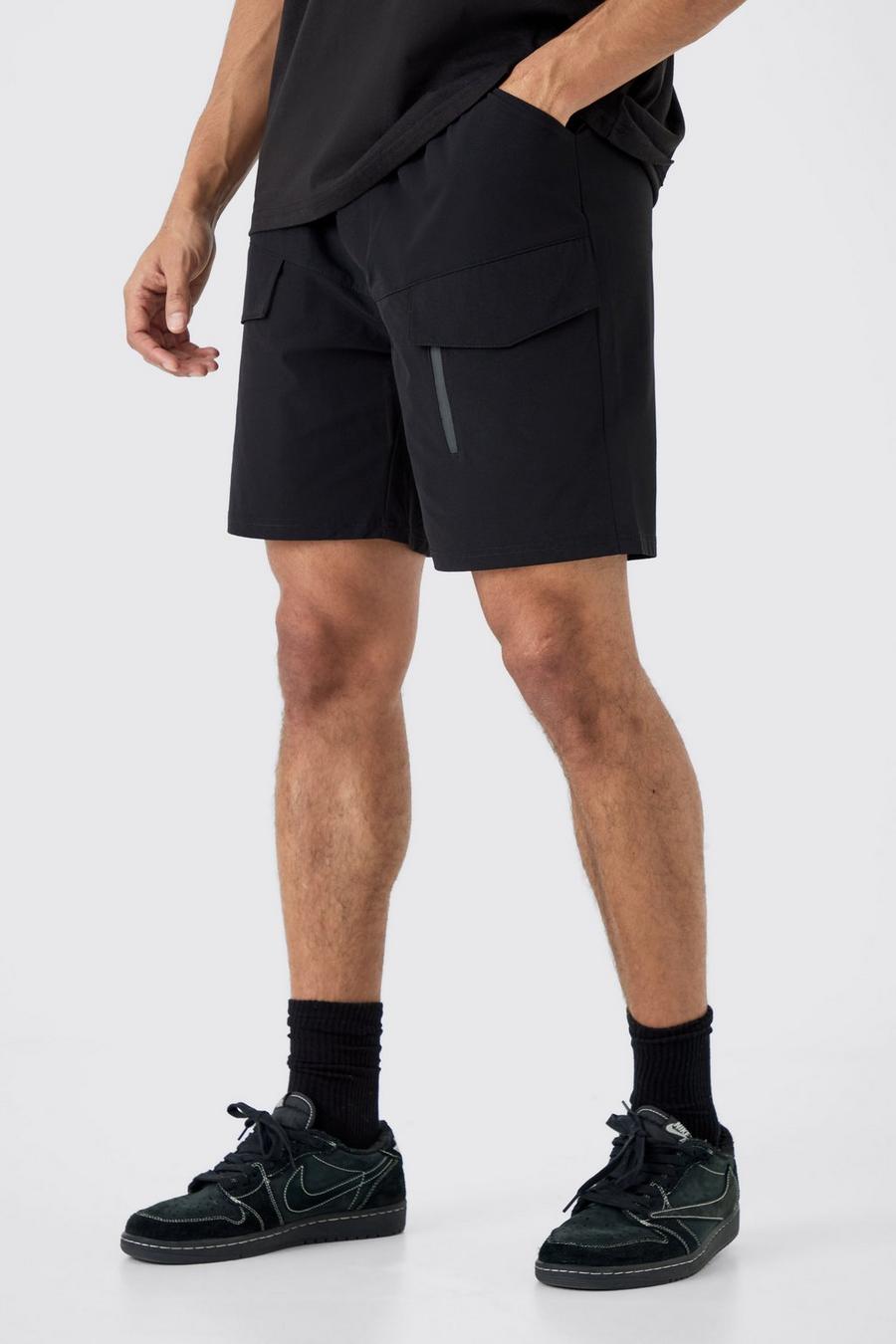 Black Elastic Relaxed Lightweight Stretch Cargo With Zip 