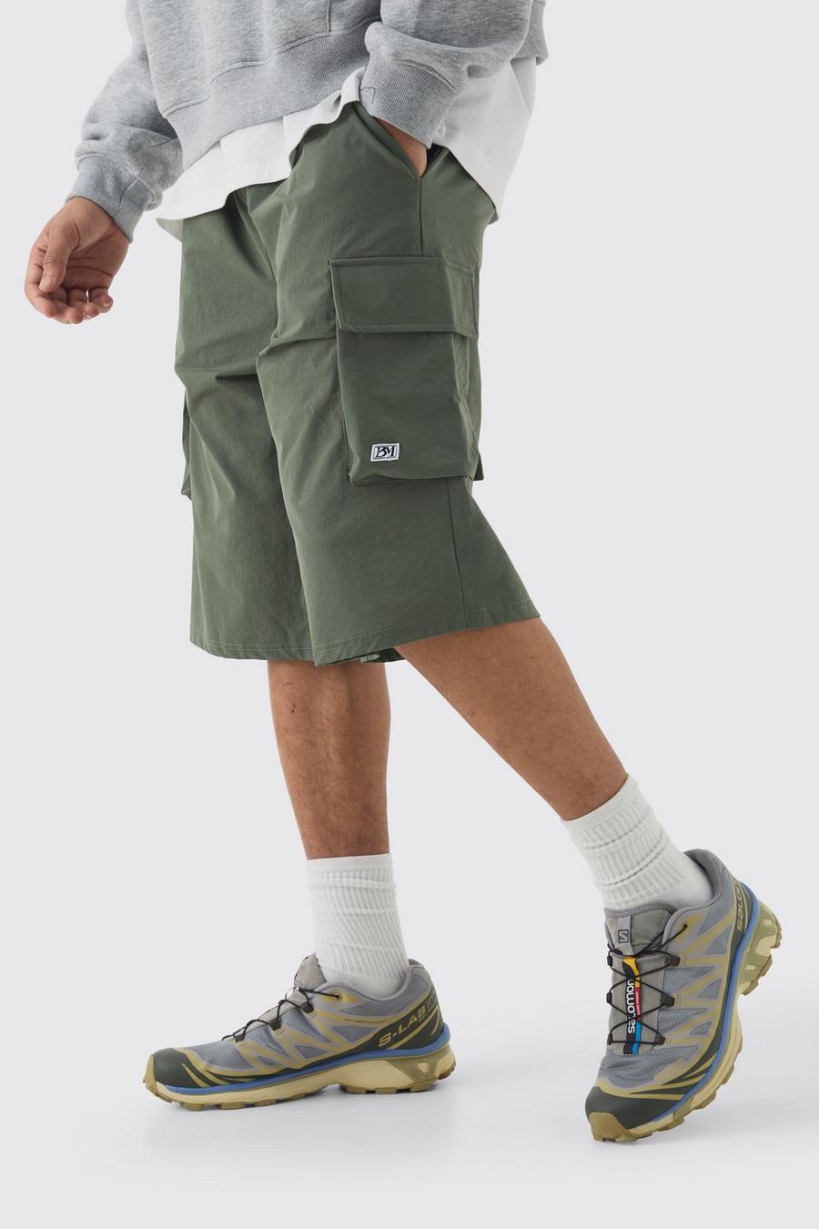 Khaki Dunne Stretch Elastische Baggy Shorts Met Logo