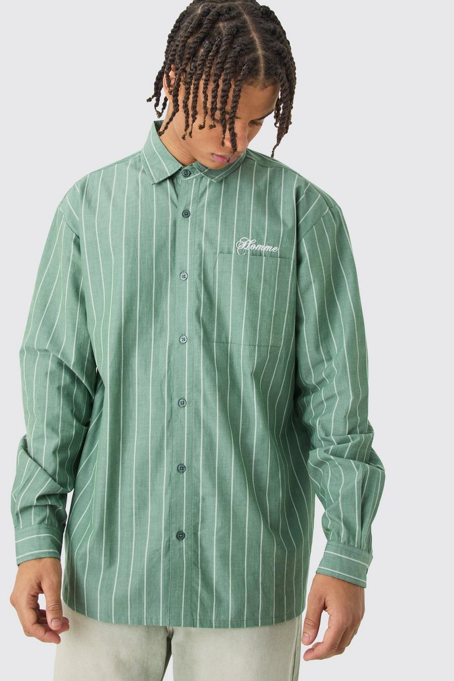 Camisa oversize de manga larga con bordado de rayas, Green image number 1