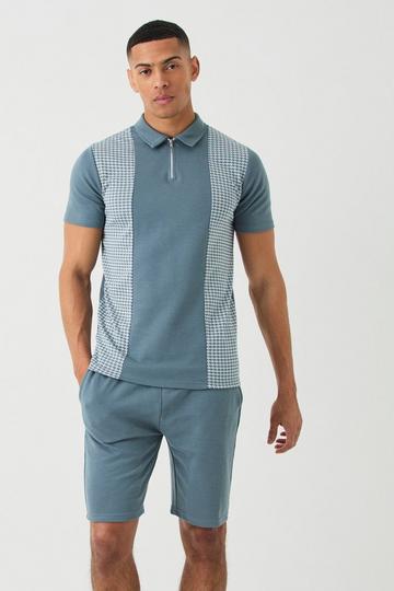 Regular Fit Dogtooth Jacquard Panel Polo & Short Set navy