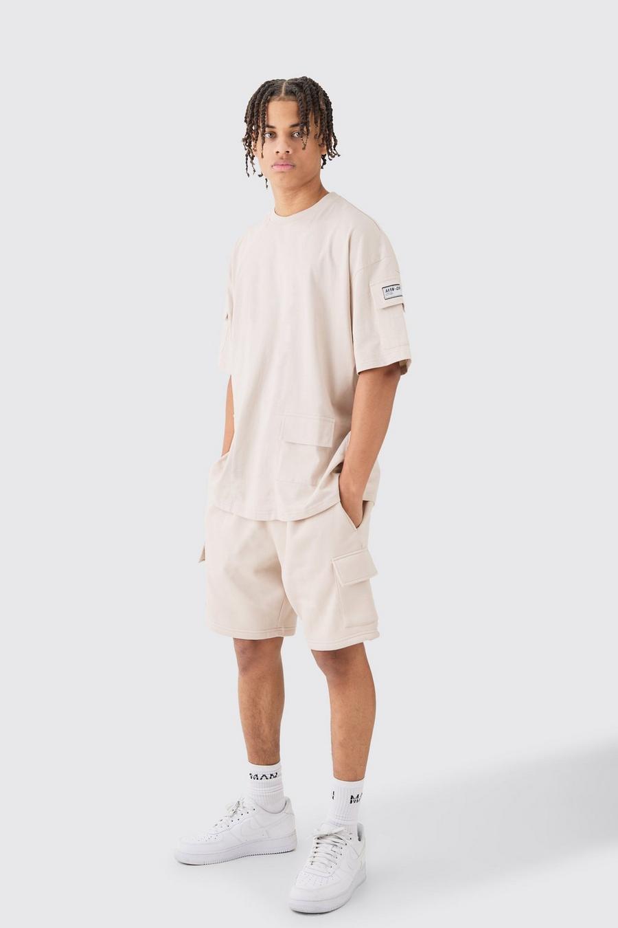 Taupe Oversize t-shirt och shorts med fickor image number 1