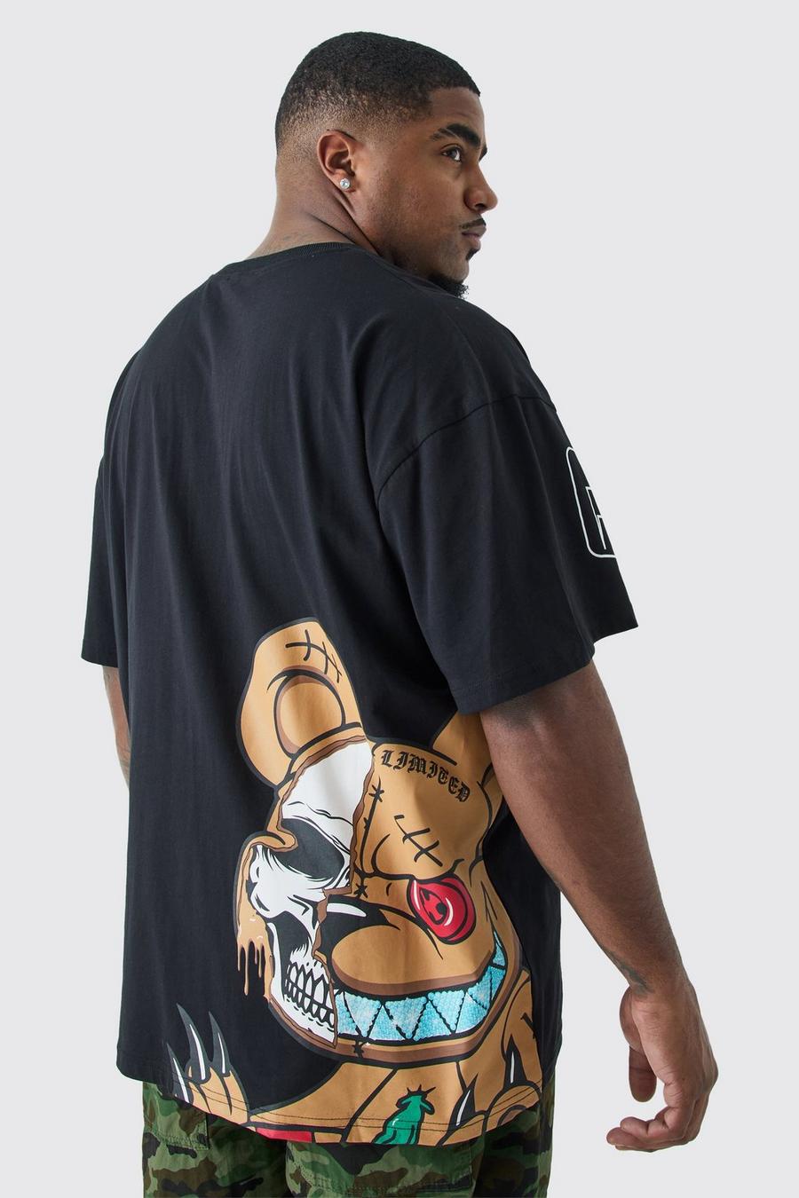 Camiseta Plus oversize MAN Ofcl con estampado gráfico de osito, Black image number 1