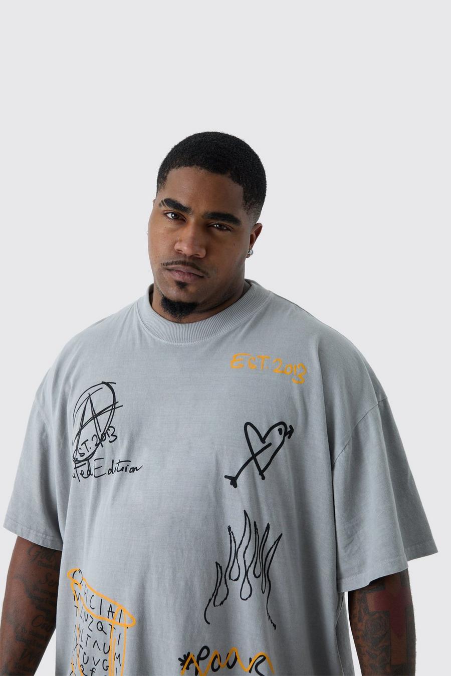 Charcoal Plus Oversized Extended Neck Graffiti T-shirt image number 1