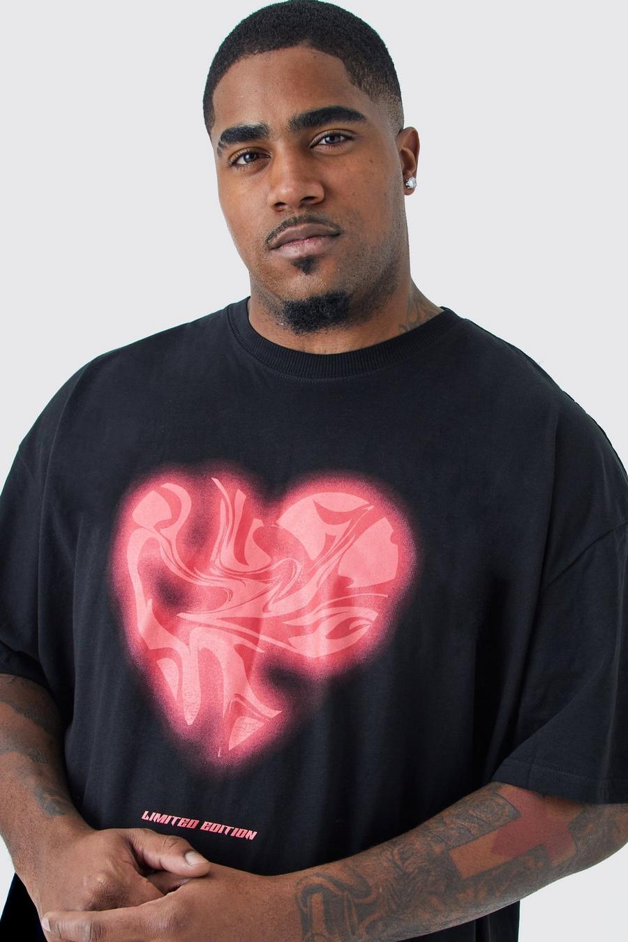 Camiseta Plus oversize con estampado gráfico de corazón y estampado efecto mármol, Black image number 1