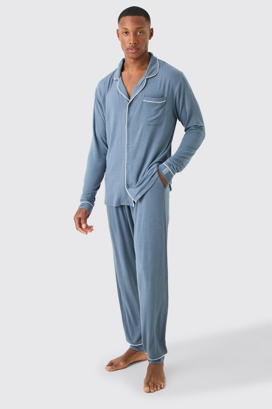 Lockeres Premium Loungewear-Hemd & Unterteil, Slate blue image number 1