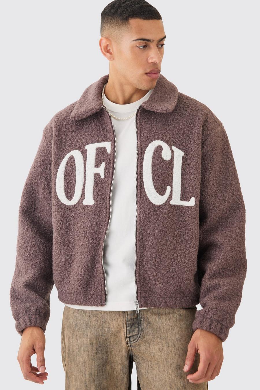 Giacca Bomber squadrata oversize in bouclé con applique in pile borg, Brown image number 1