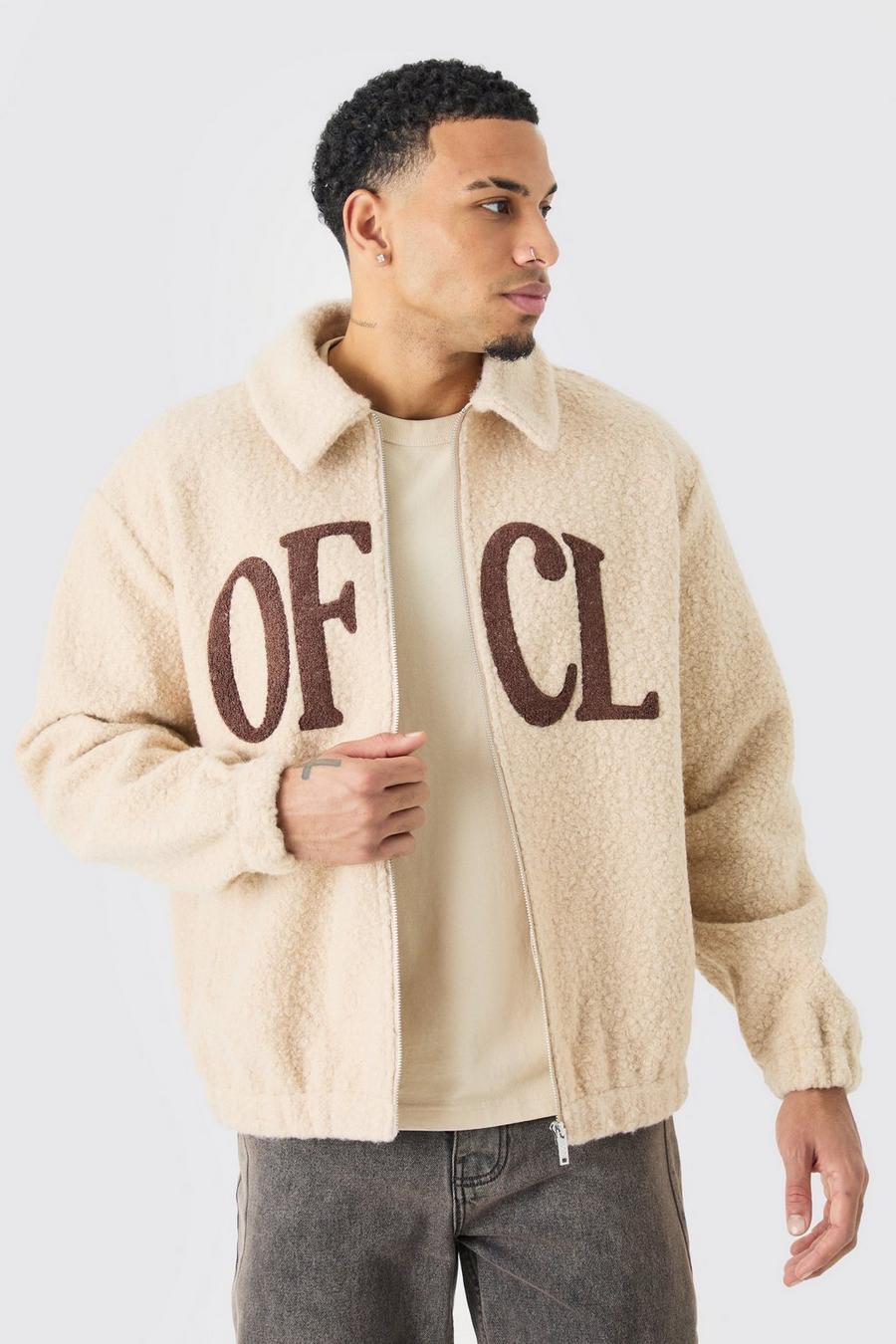 Giacca Bomber oversize in bouclé con applique in pile borg, Beige image number 1