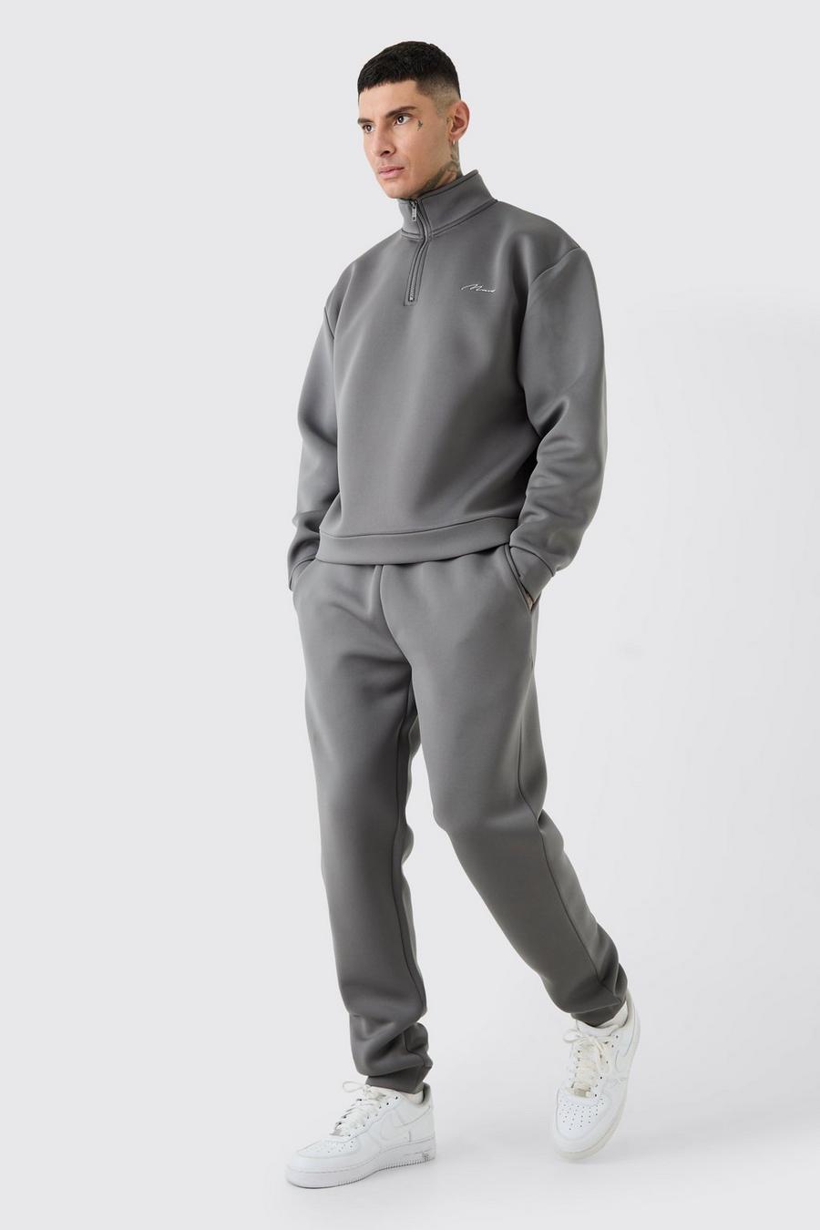 Charcoal Tall Man Oversized Boxy Quarter Zip Bonded Scuba Tracksuit image number 1