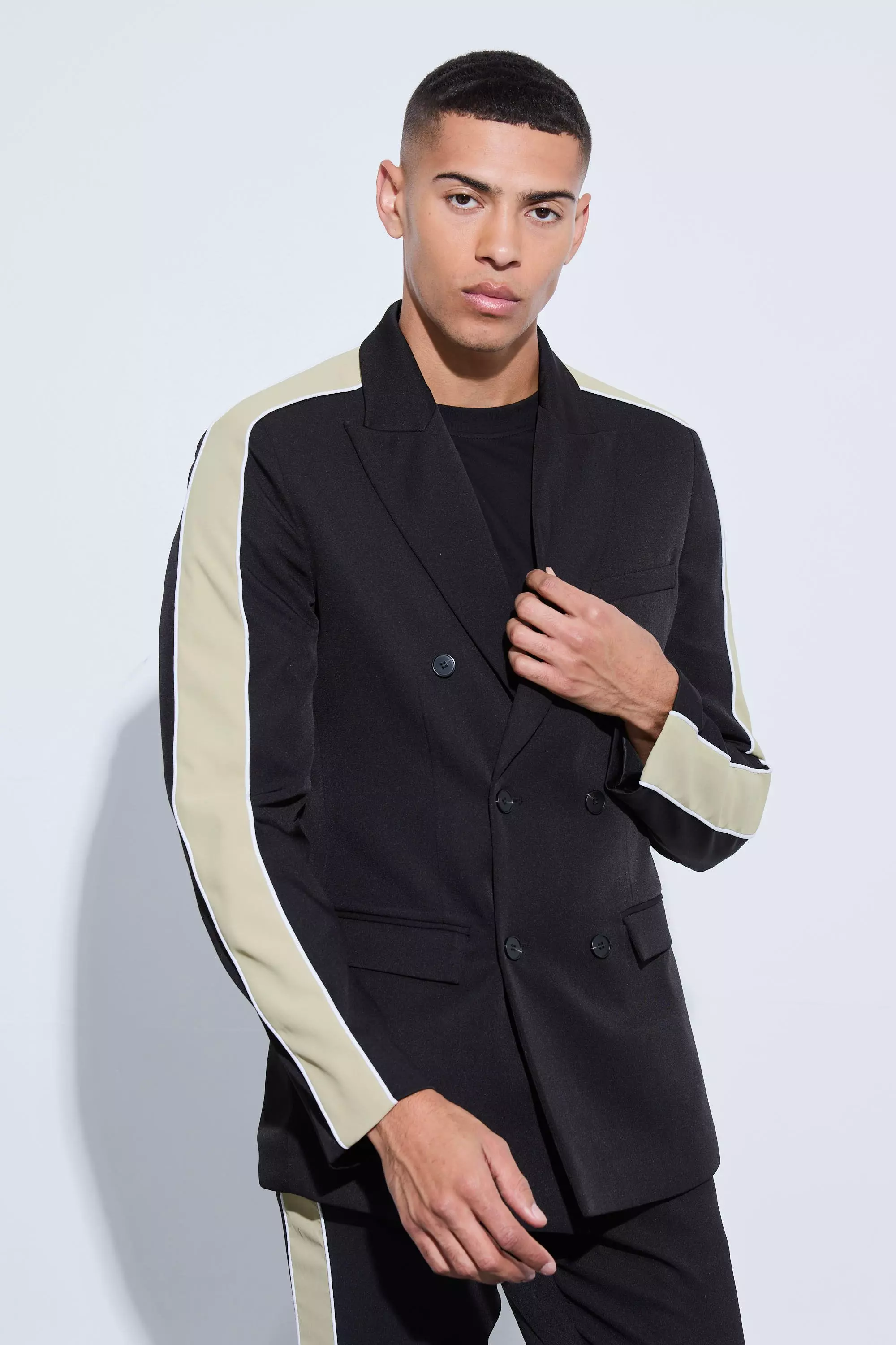 Black Contrast Panel Double Breasted Relaxed Fit Blazer صورة بديلة