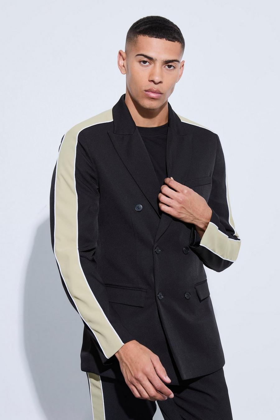 Black Contrast Panel Double Breasted Relaxed Fit Blazer image number 1