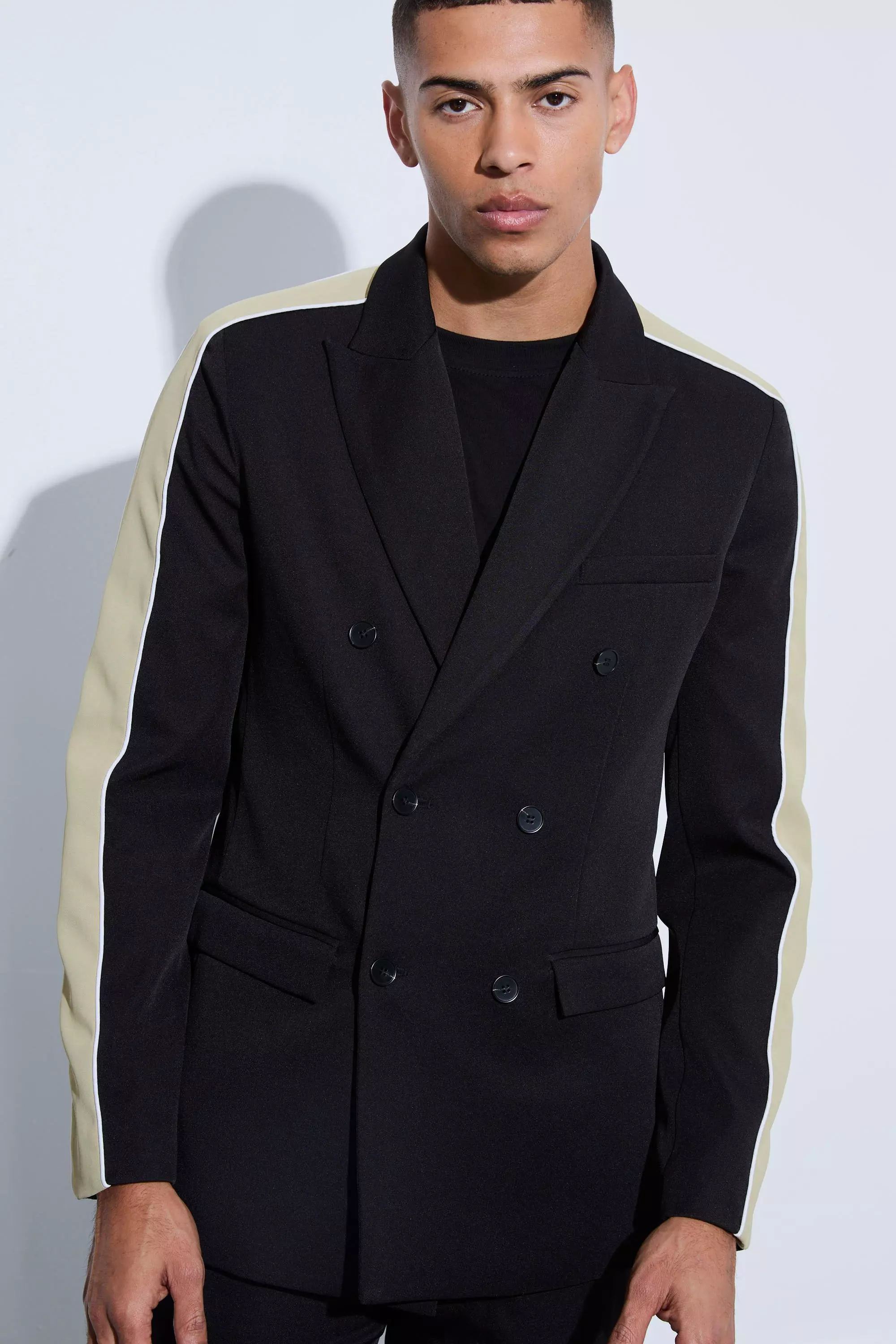 Black Contrast Panel Double Breasted Relaxed Fit Blazer صورة بديلة