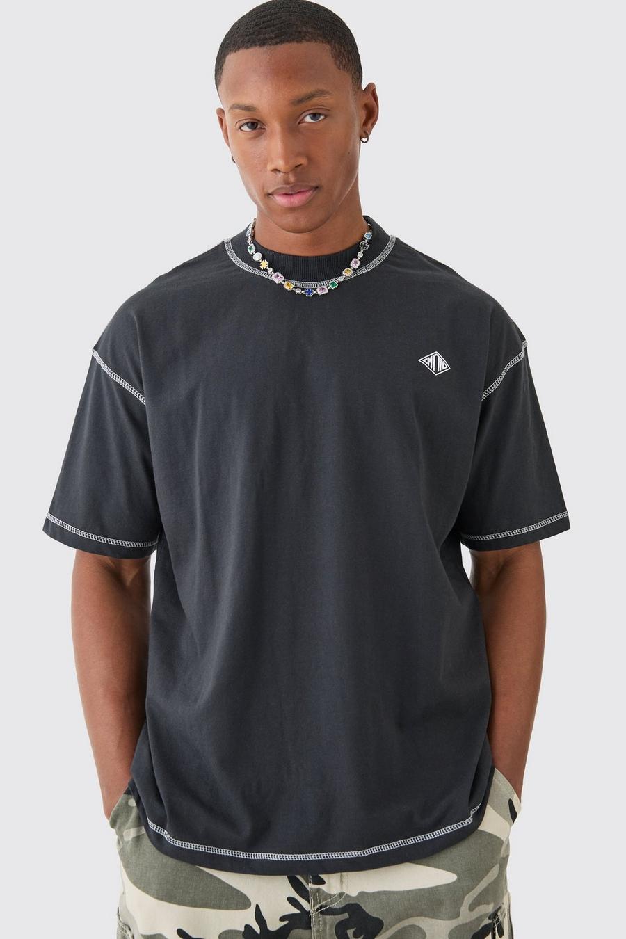 Black Oversized Man T-Shirt Met Contrasterende Stiksels