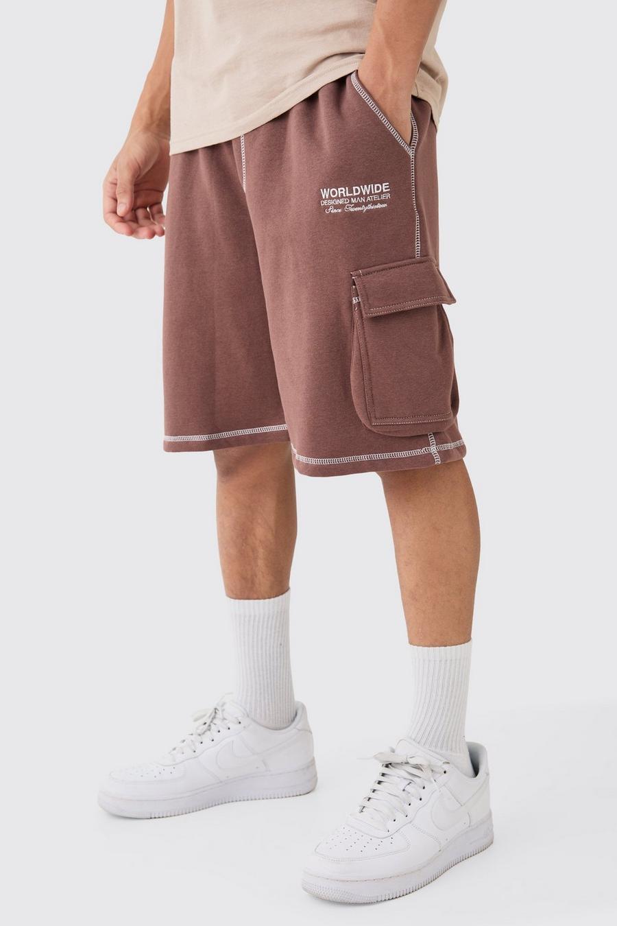 Chocolate Baggy Worldwide Cargo Shorts Met Contrasterende Stiksels image number 1