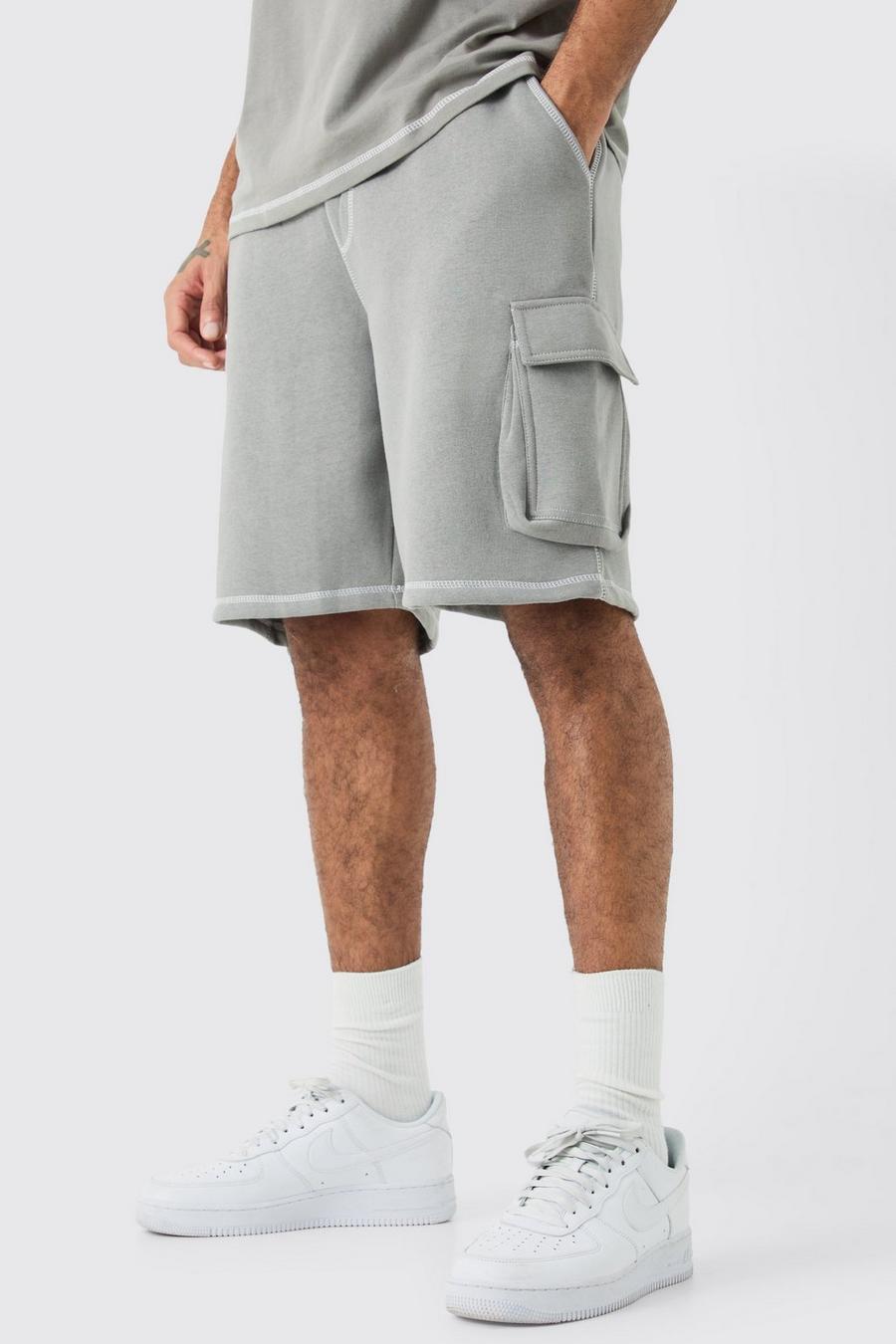 Charcoal Relaxed Contrast Stitch Cargo Shorts image number 1