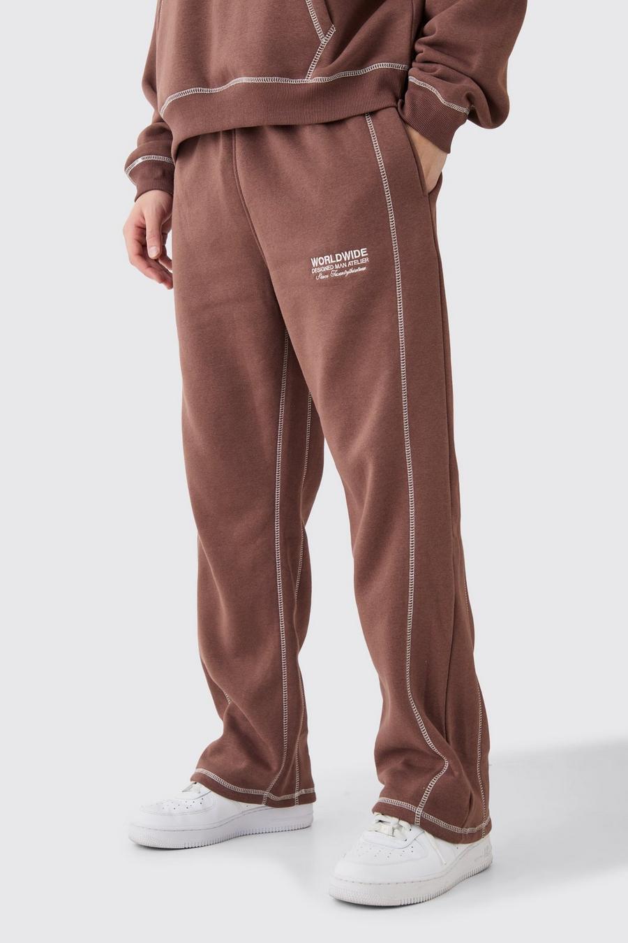 Pantalón deportivo holgado con costuras en contraste, Chocolate image number 1