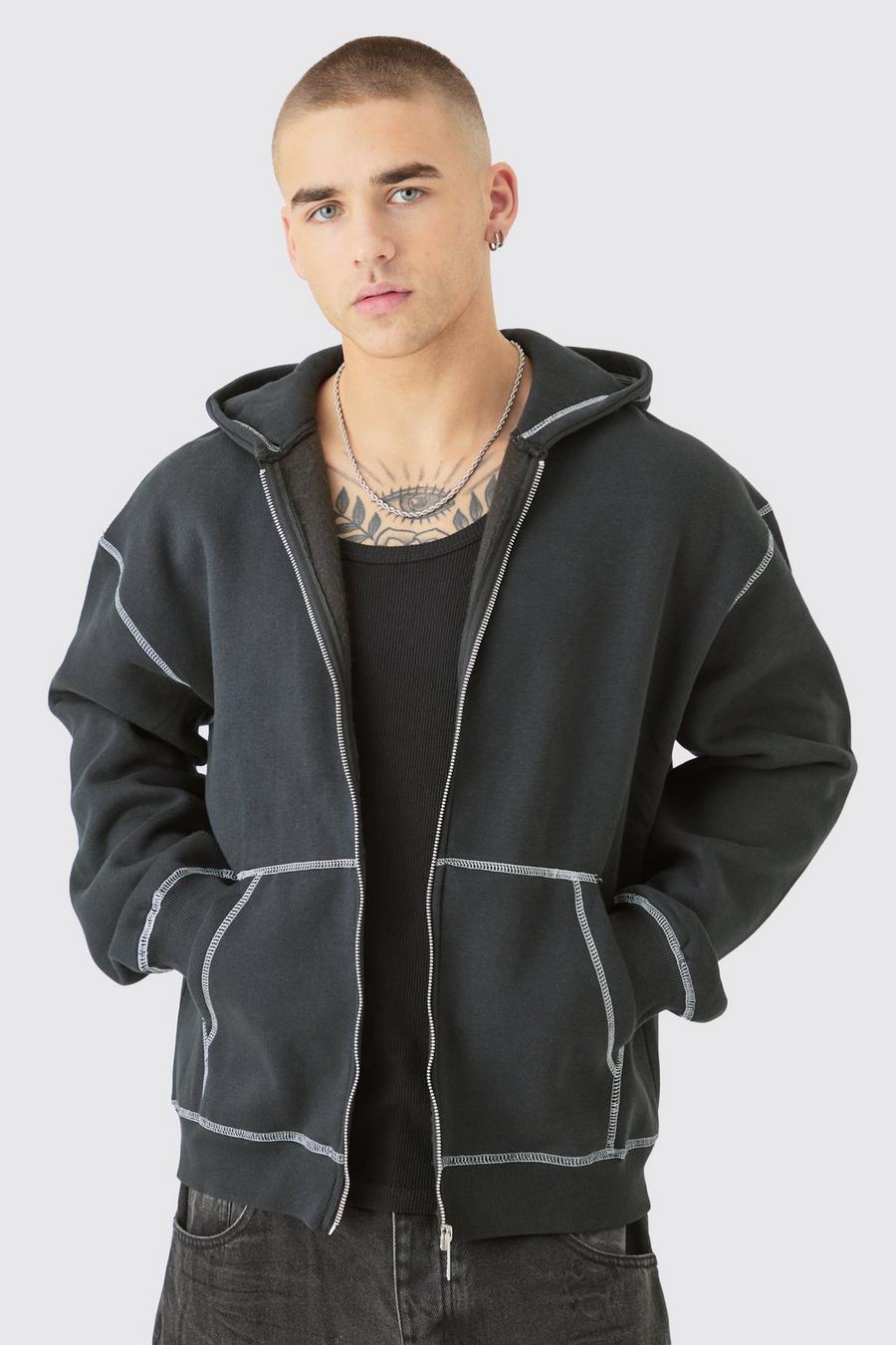 Black Oversized Contrast Stitch Zip Through Hoodie image number 1