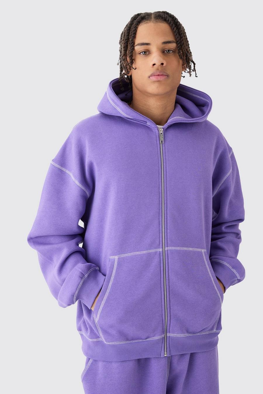 Purple Oversized Contrast Stitch Zip Through Hoodie image number 1