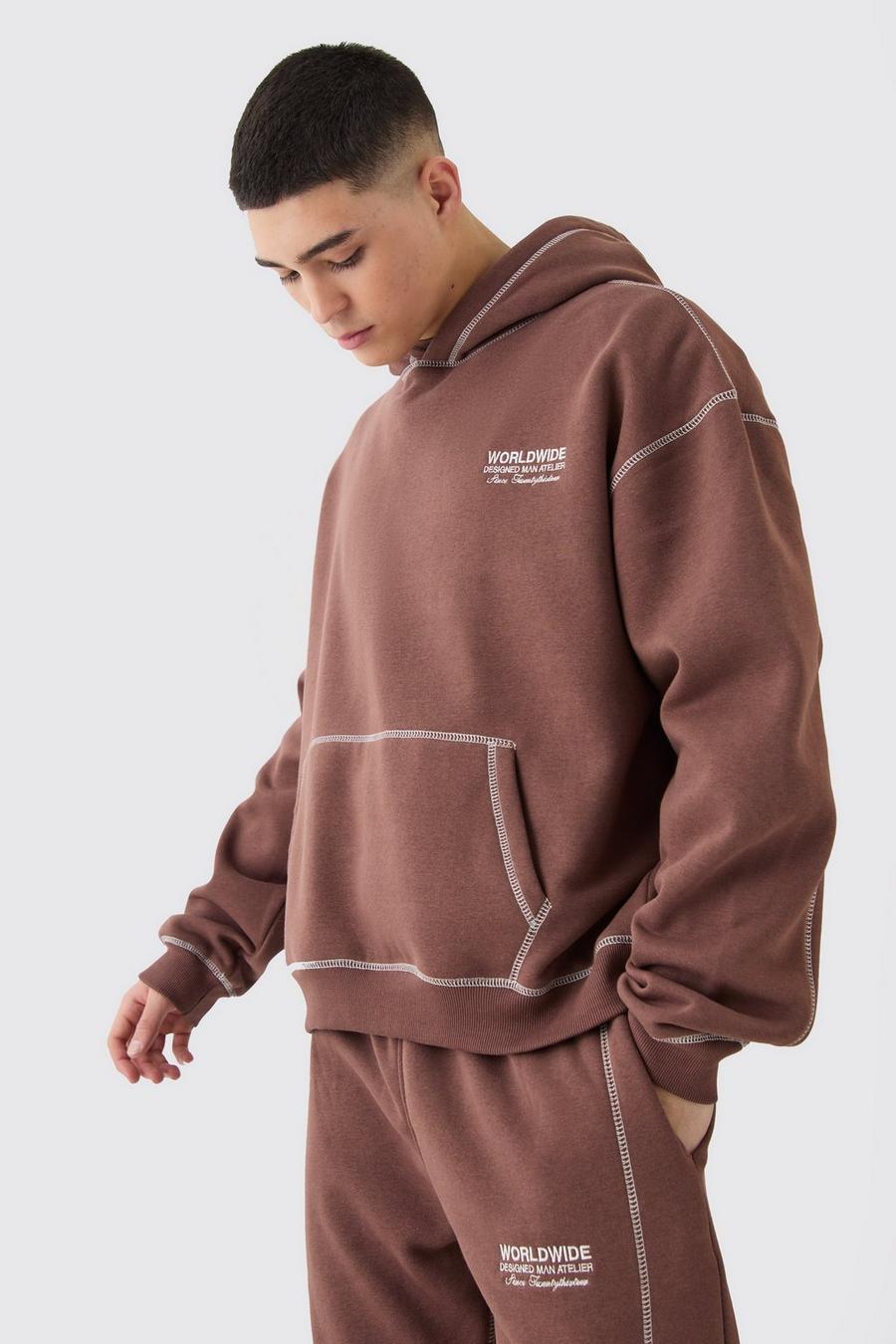 Chocolate Oversized Boxy Worldwide Hoodie Met Contrasterende Stiksels image number 1