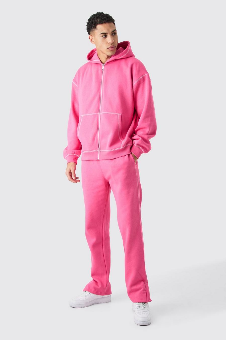Oversized Contrast Stitch Zip Through Hooded Tracksuit, Pink