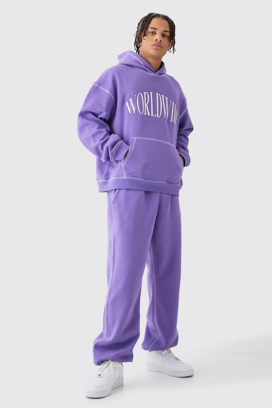 Kastiger Oversize Worldwide Trainingsanzug mit Kontrast-Naht und Kapuze, Purple image number 1